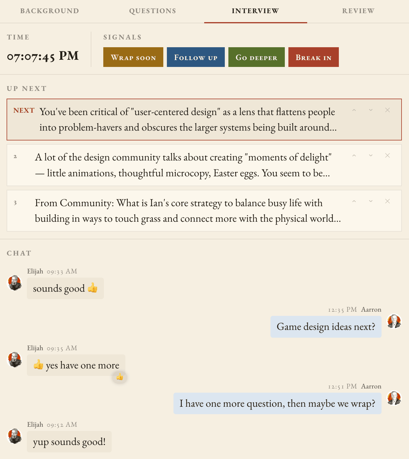 The live interview panel — signals, up-next queue, and team chat