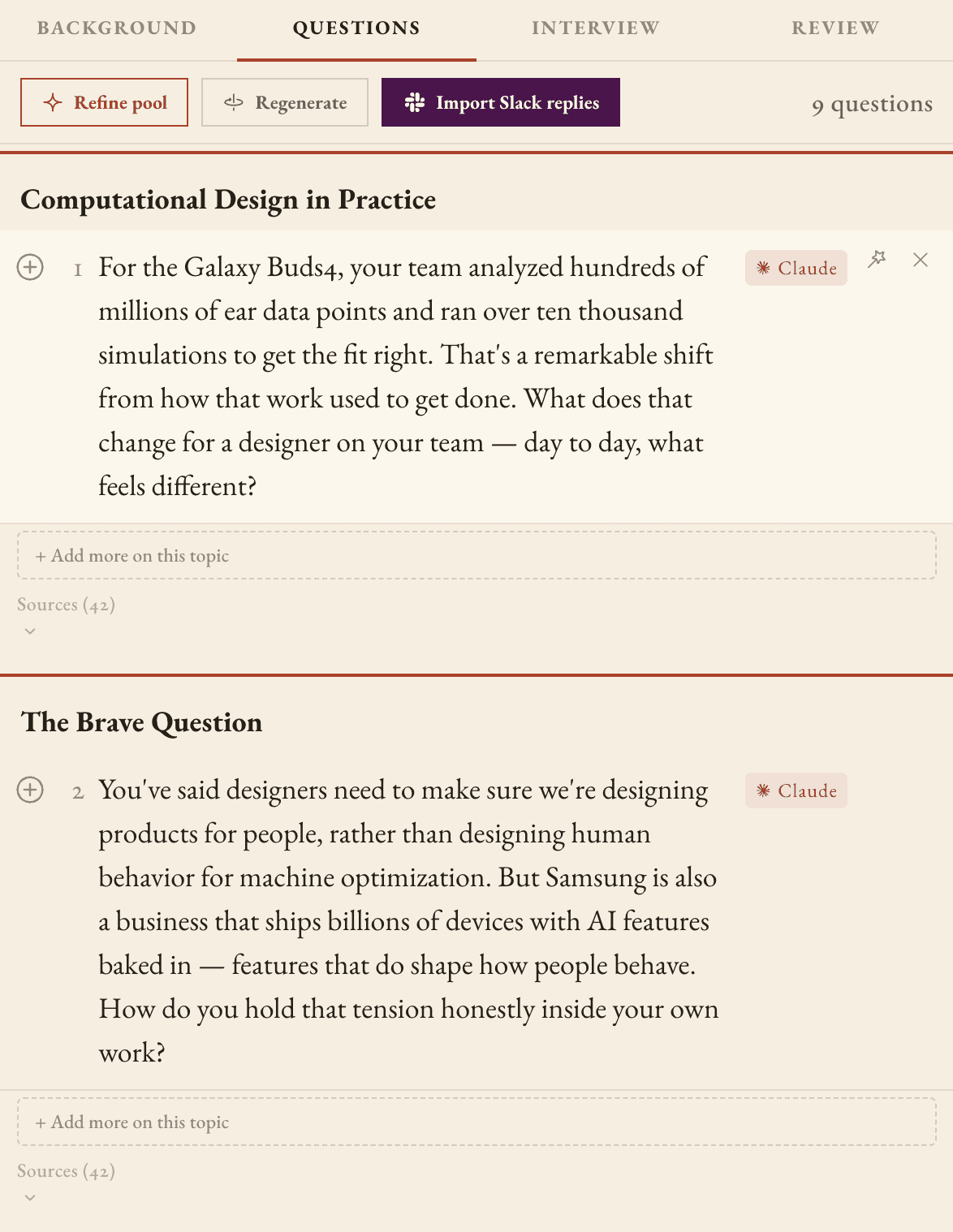 A researched question pool in Curious — questions by topic, each with source links
